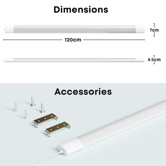 LED-Feuchtraumleuchte mit Maßzeichnung: flaches, weißes Gehäuse, 120 cm Länge