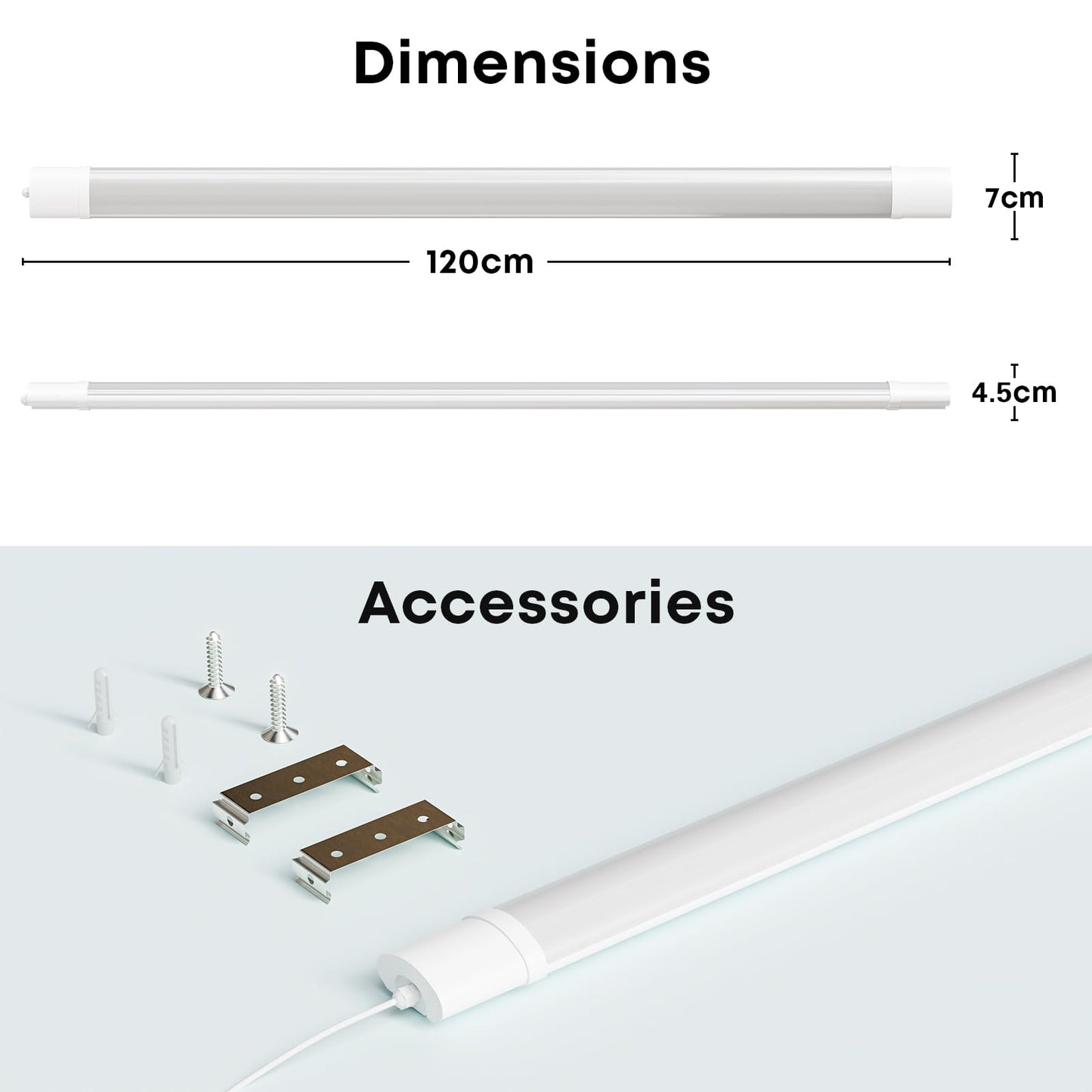 LED-Feuchtraumleuchte mit Maßzeichnung: flaches, weißes Gehäuse, 120 cm Länge
