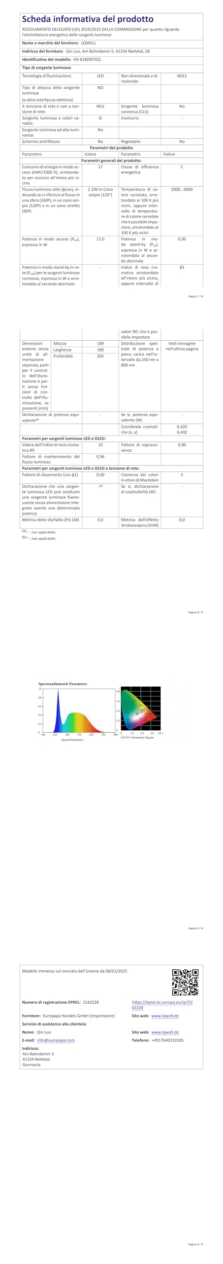 Bedienungsanleitung-Seite mit Tabelle zu LED-Farb- und Helligkeitsparametern, inkl. Farbskala-Symbol