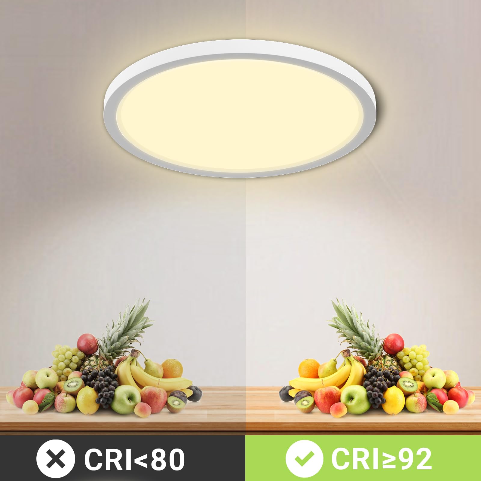 Runde LED-Deckenleuchte an der Decke, gleichmäßig warmweißes Licht