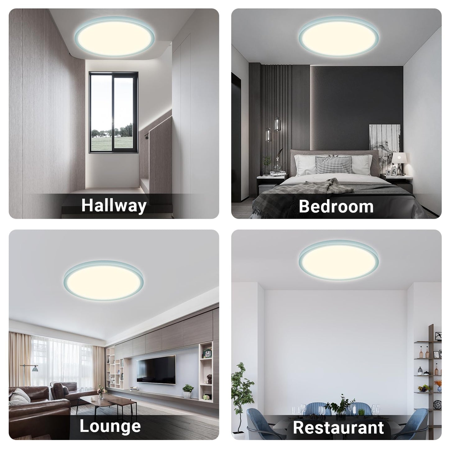 Runde LED-Deckenleuchte in verschiedenen Raumansichten, flaches Lichtpanel