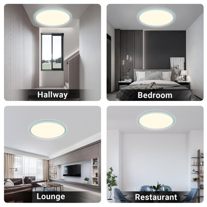 Runde LED-Deckenleuchte in verschiedenen Raumansichten, flaches Lichtpanel