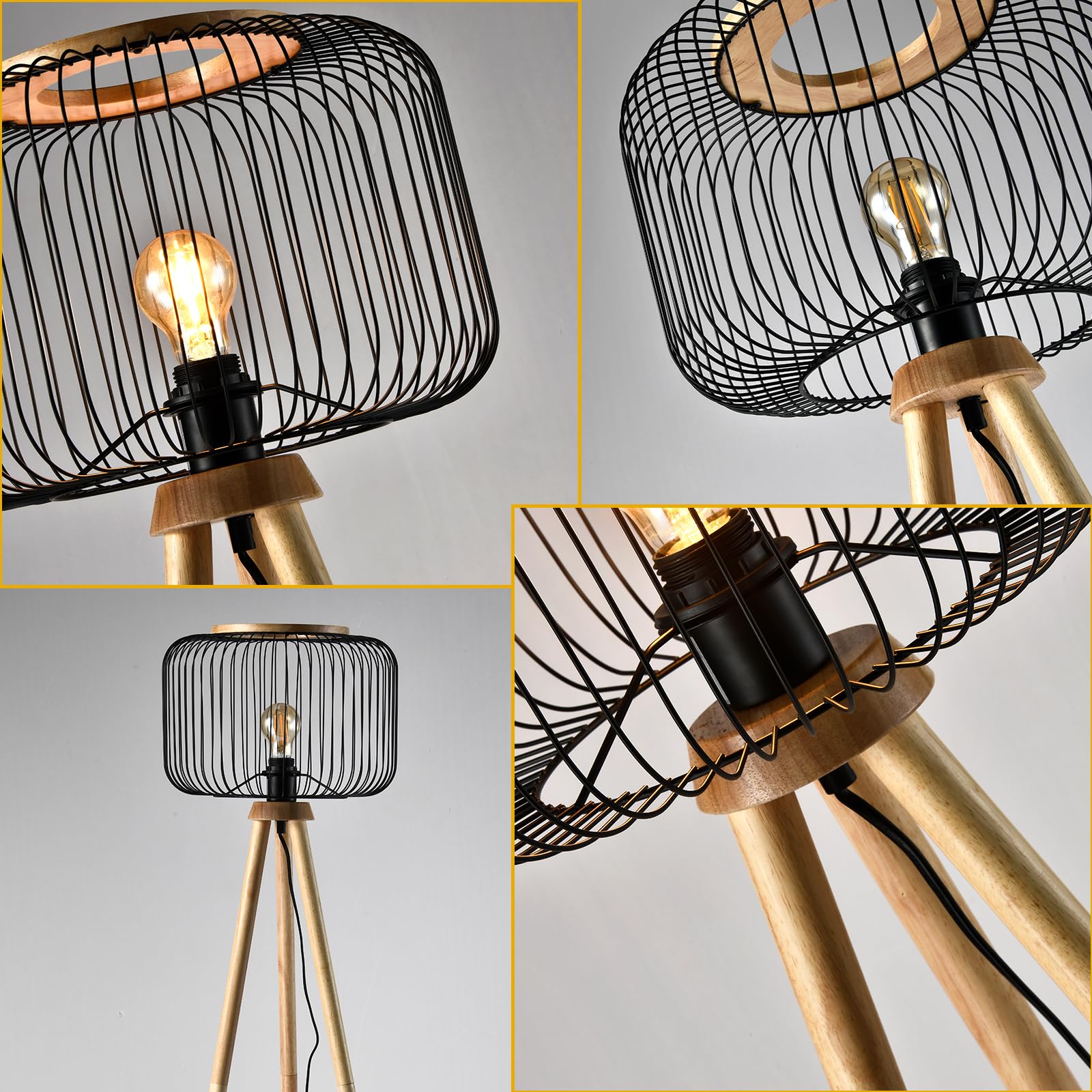 Nahaufnahme der Stehlampe: schwarzer Drahtschirm über Holzbeinen, Leuchtmittel sichtbar