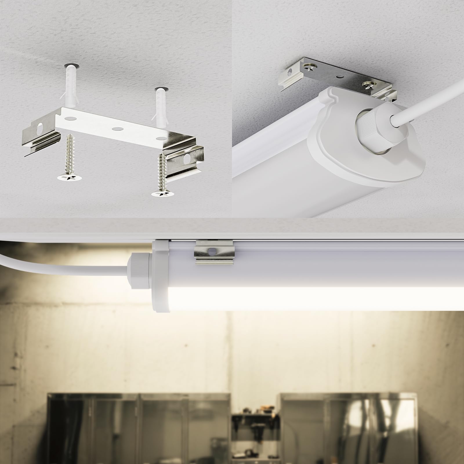 LED-Feuchtraumleuchte mit Deckenhalterung und Rohrscheibe am Anschluss