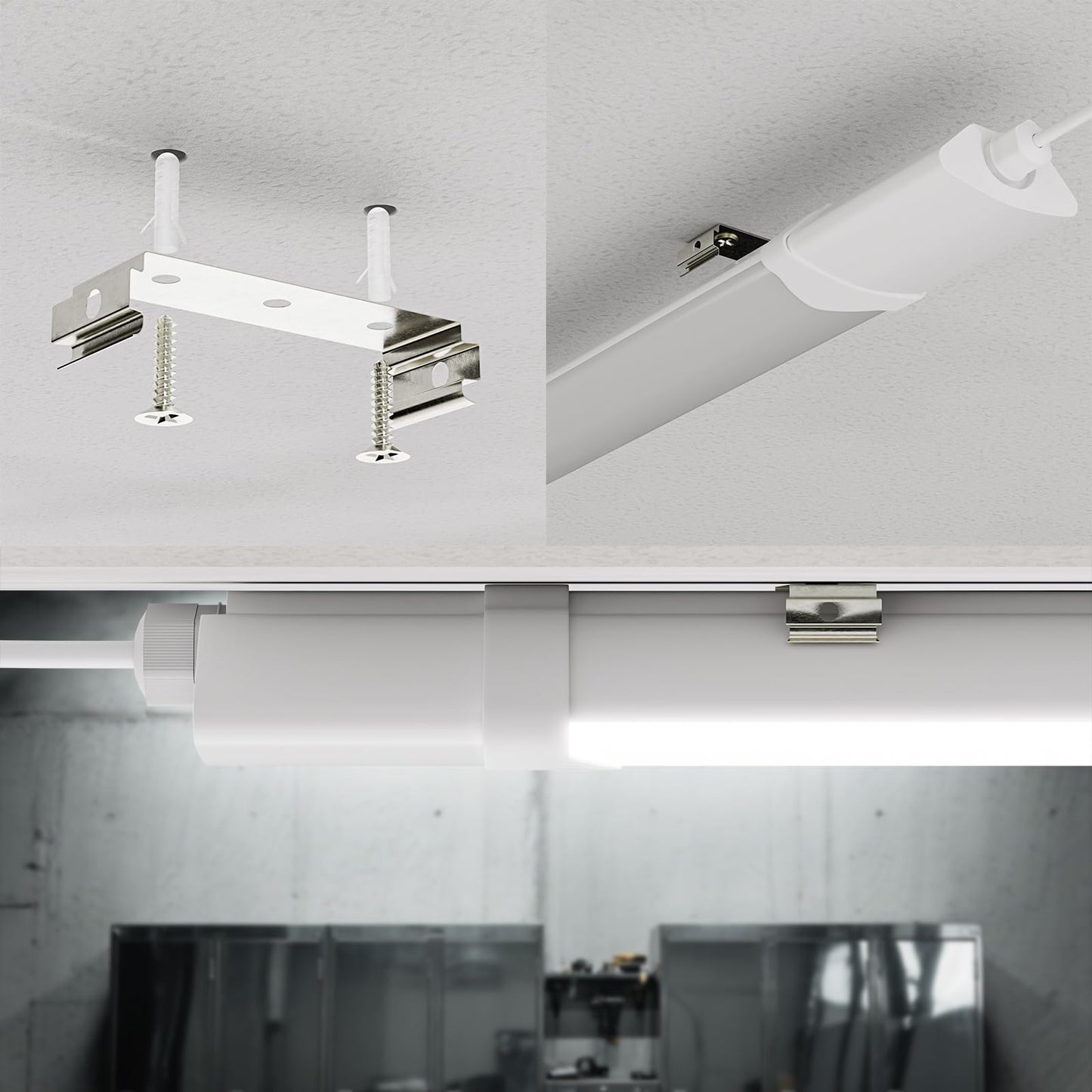 LED-Feuchtraumleuchte an der Decke, weißes Gehäuse mit Befestigungsteilen