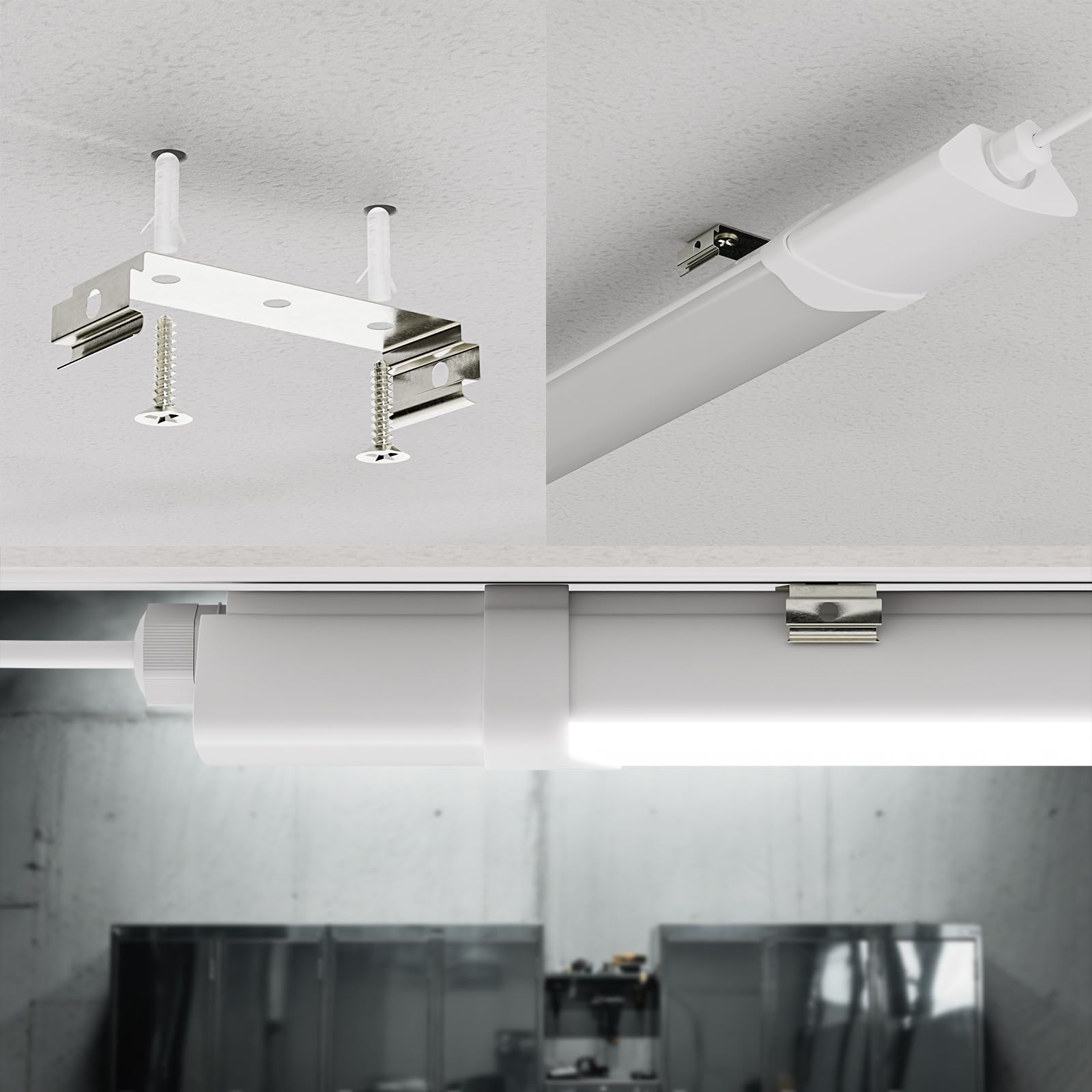 LED-Feuchtraumleuchte an der Decke, weißes Gehäuse mit Befestigungsteilen