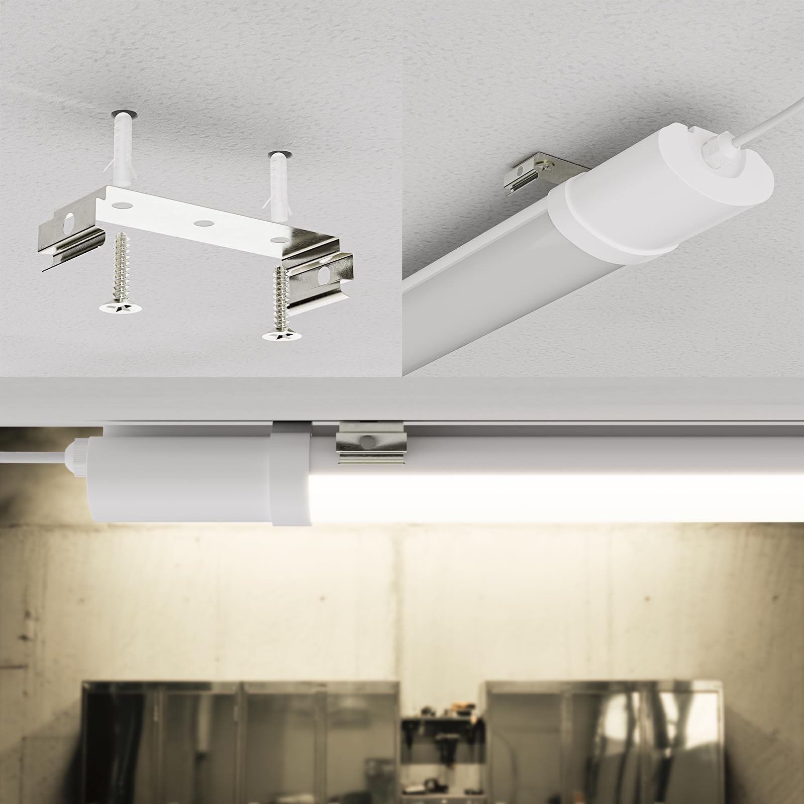 LED-Feuchtraumleuchte mit Befestigungsclips an der Decke, weißes Wannenprofil