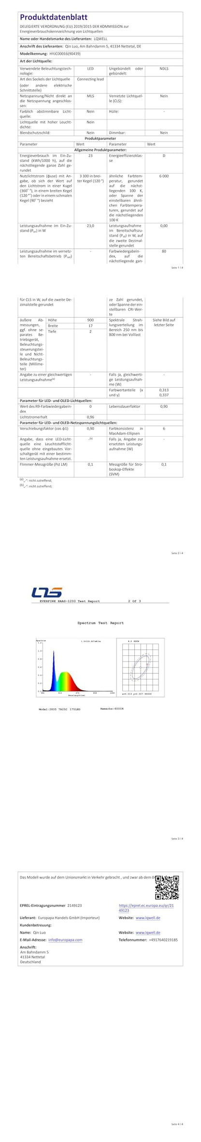 Technisches Datenblatt zur LED-Deckenleuchte LQWELL mit Tabellen und Diagramm