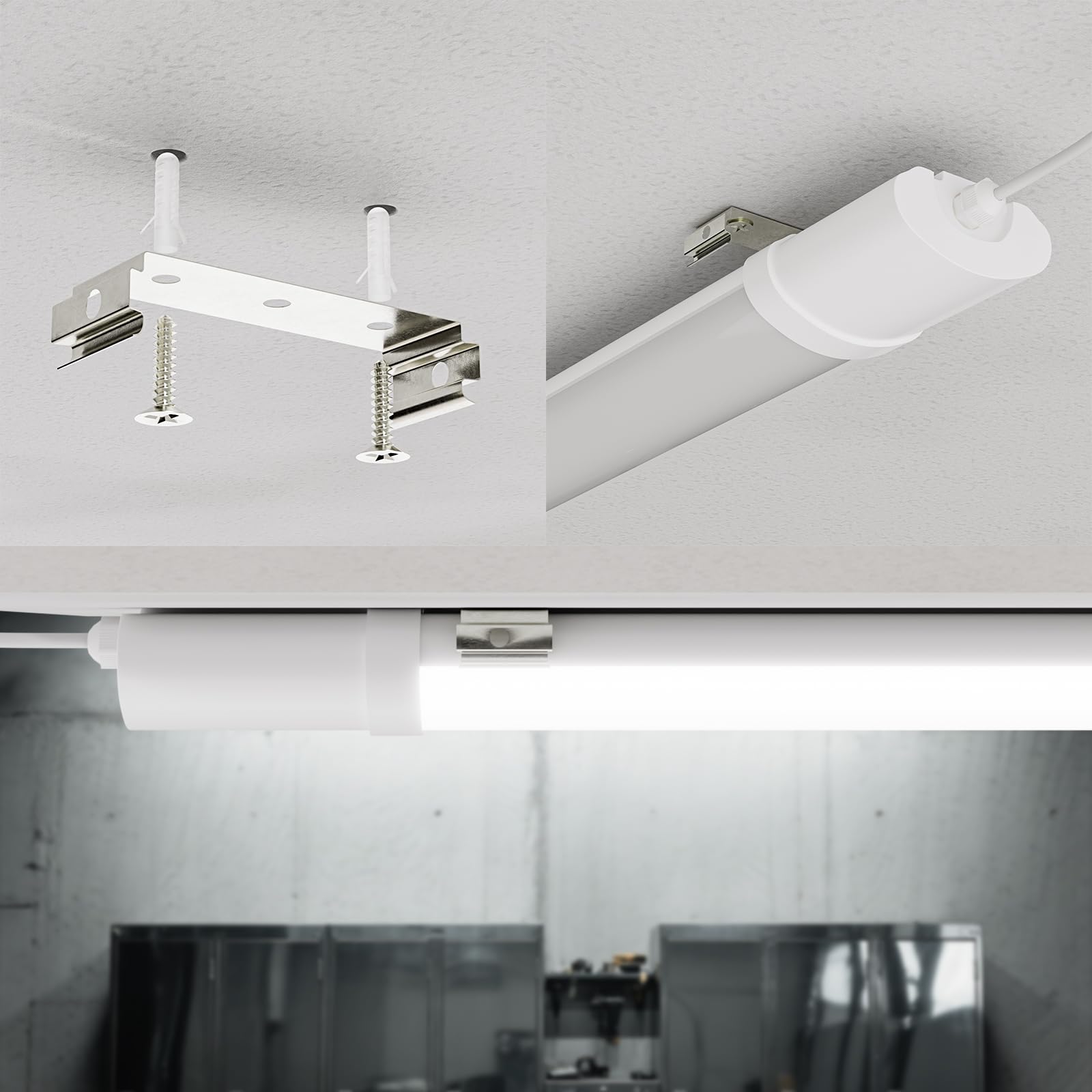 LED-Feuchtraumleuchte mit Montagebügeln an der Decke, Steckanschluss sichtbar