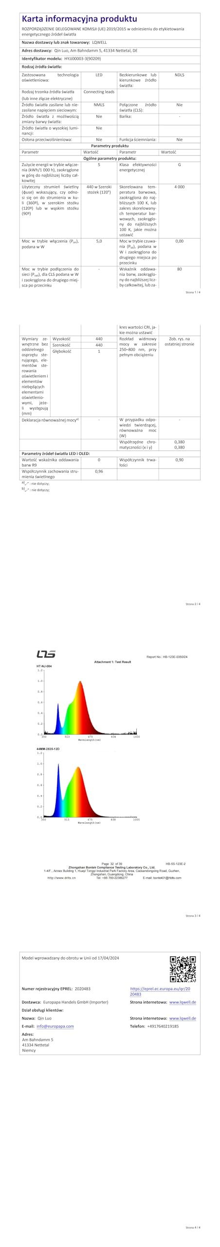 Technisches Datenblatt der LED-Pendelleuchte mit mehrzeiligen Tabellen und Kurve