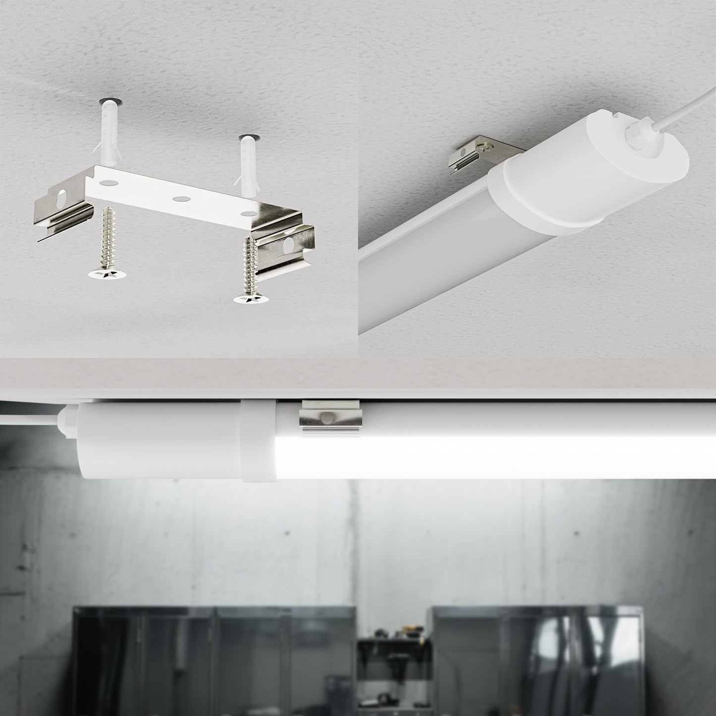 LED-Feuchtraumleuchte mit Deckenhalterung und Schrauben, Anschlussklemmen sichtbar