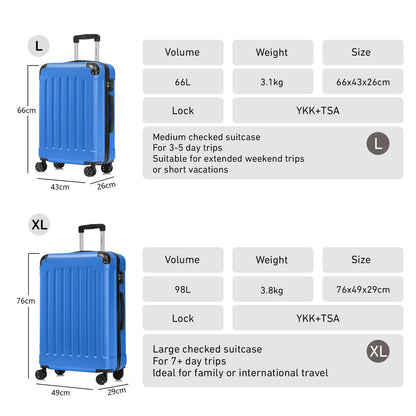 Reisekoffer-Set mit Hartschale, 4 Rollen, in L- und XL-Größe mit TSA-Schloss.