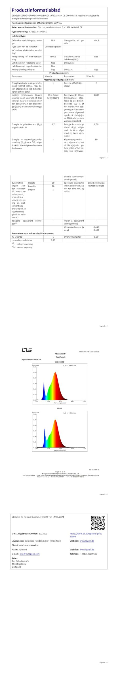 LED-Tischlampen-Datenblatt mit Spezifikationstabelle und Farbdiagramm
