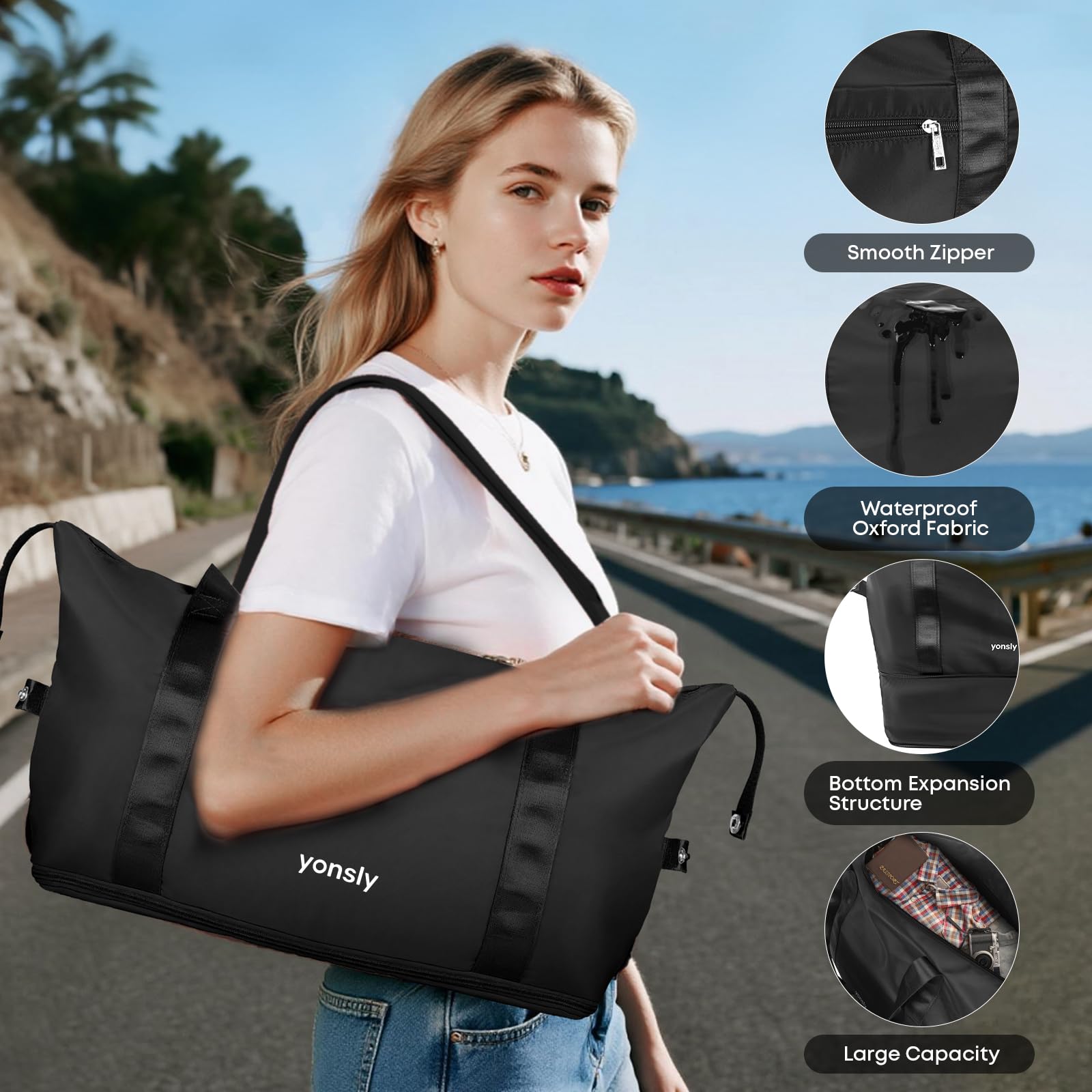 Reisetasche und Rollkoffer in Schwarz, glatter Reißverschluss und wasserabweisender Stoff