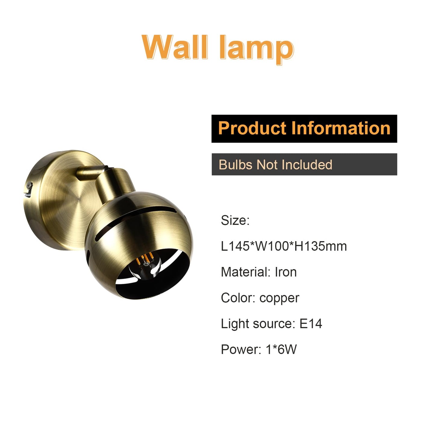Kupferfarbene Wandleuchte mit zwei Kugelschirmen, verstellbarem Spotlight, Metallhalter