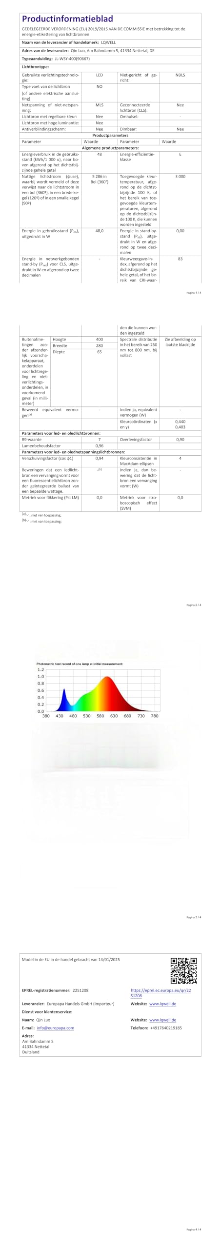 Technisches Datenblatt-Seite mit Tabellen zur LQWELL LED-Deckenleuchte