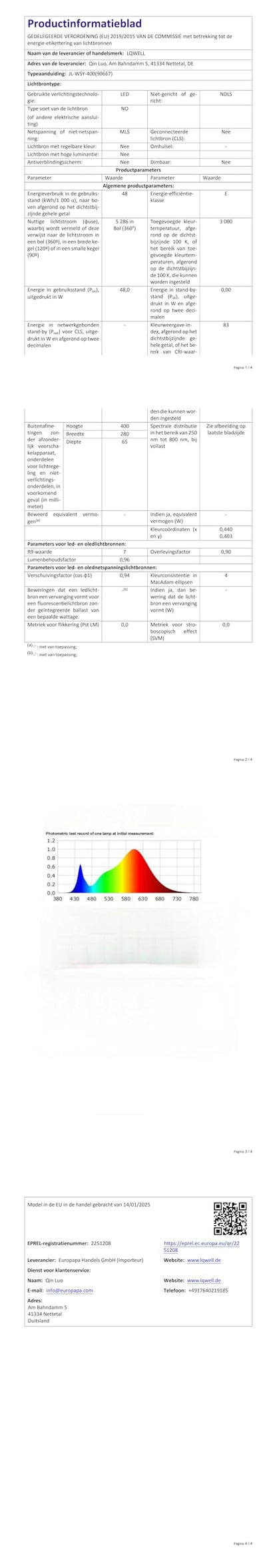 Technisches Datenblatt-Seite mit Tabellen zur LQWELL LED-Deckenleuchte