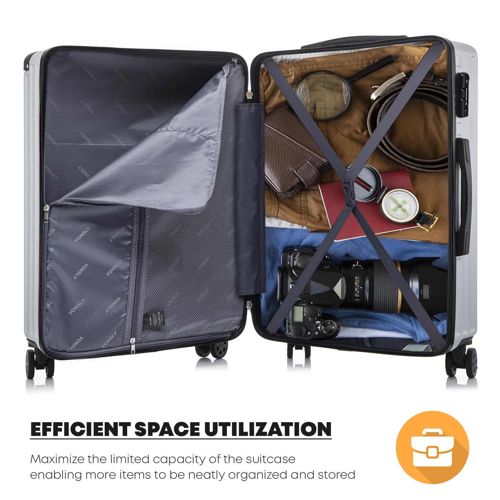 Offener Hartschalen-Trolley mit Innenfach, Spanngurt und 4 Rollen