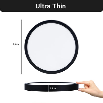 Ultradünne runde LED-Deckenleuchte, schwarzer Rahmen, Hand zeigt 2,5 cm Dicke