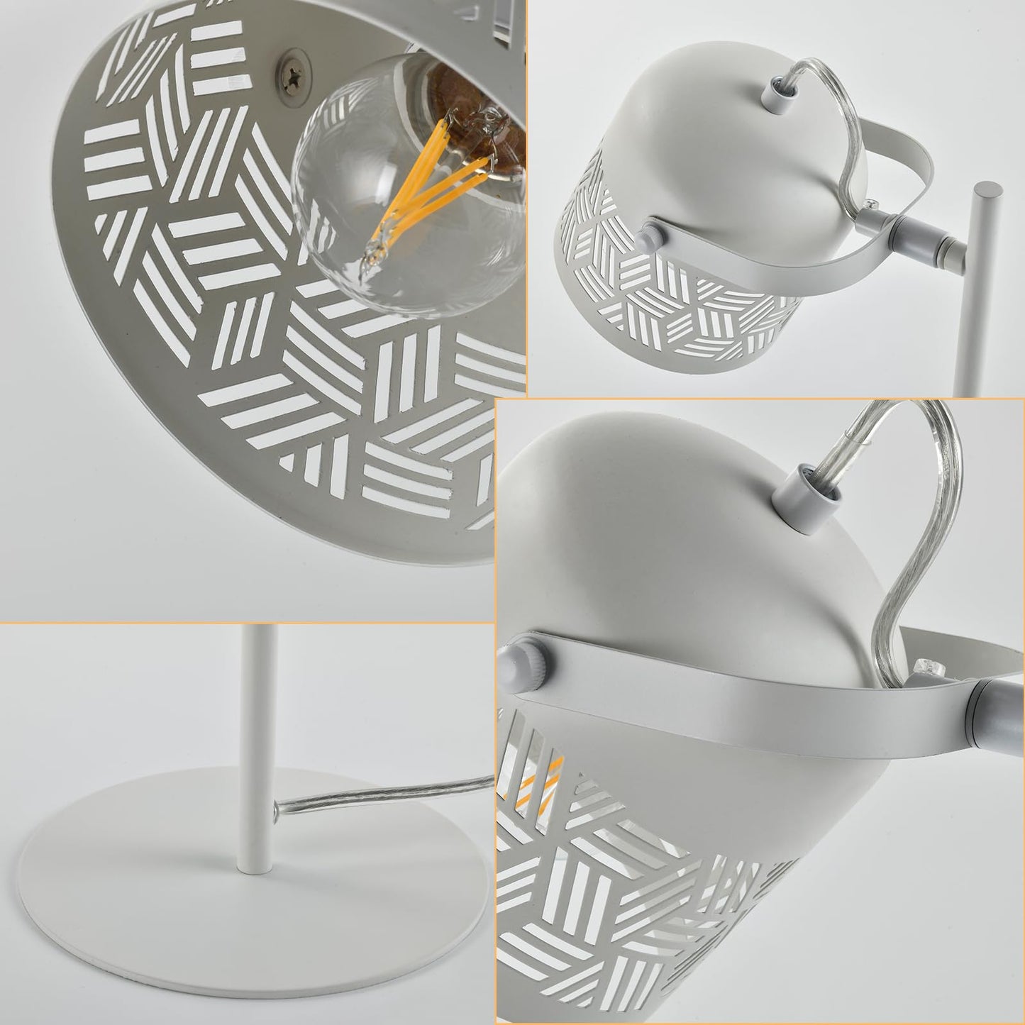 LED-Tischlampe: weißer Metall-Lampenschirm mit geometrischem Muster, Blick in die Fassung
