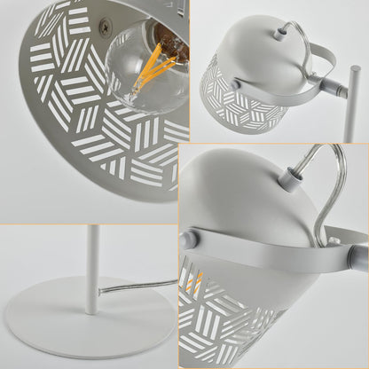 LED-Tischlampe: weißer Metall-Lampenschirm mit geometrischem Muster, Blick in die Fassung