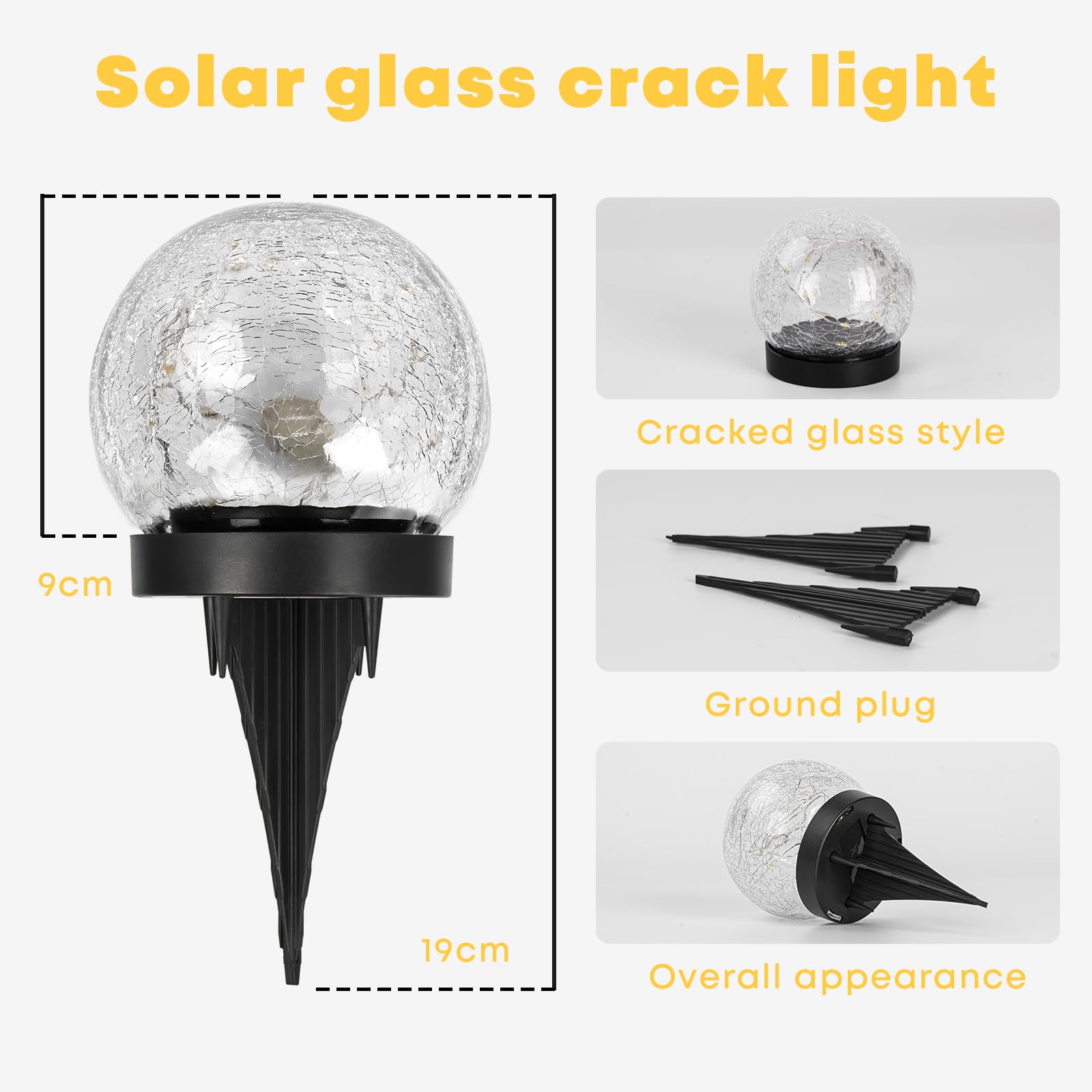 Solar-Bodenleuchte mit Crackle-Glas-Kugel, schwarzem Sockel und Erdspießen