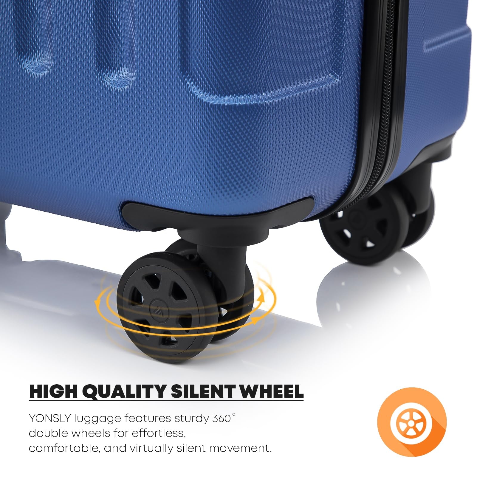 Detail der 4 Rollen am blauen Rollkoffer mit leiser, sanfter Bewegung