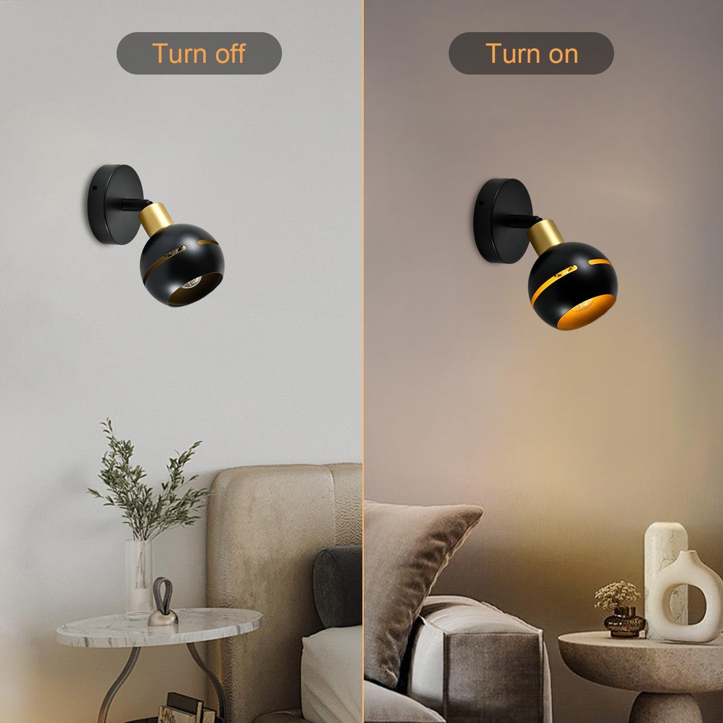 LQWELL® Wandleuchte: schwarz-goldener Strahlerkopf, schwenkbar, leuchtender Lichtkegel