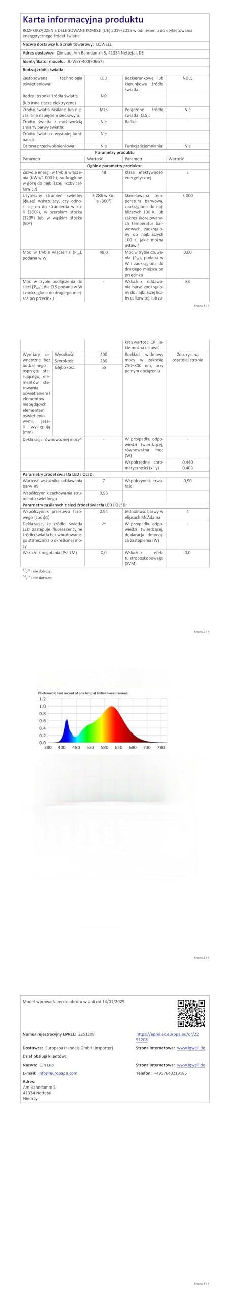 Technisches Datenblatt-Seite mit Tabellen und Farbbalkendiagramm zur LQWELL LED-Deckenleuchte