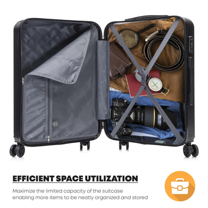 Aufgeklappter Hartschalenkoffer mit Trennfach und Packgurten, innen übersichtlich