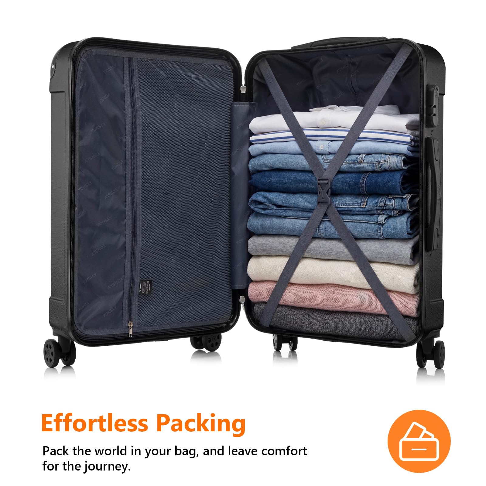 Geöffneter Rollkoffer mit Packriemen und gefalteter Kleidung, schwarz