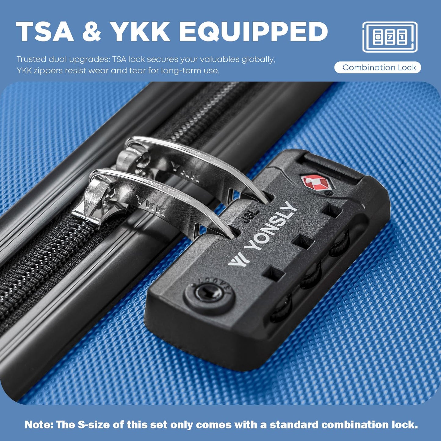 TSA- & YKK-Schlossbereich am blauen Hartschalen-Reisekoffer mit Kombinationssperre