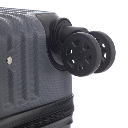 Hartschalen-Trolley Detail: seitliche Befestigung und vordere Rolle, schwarzer Radkörper