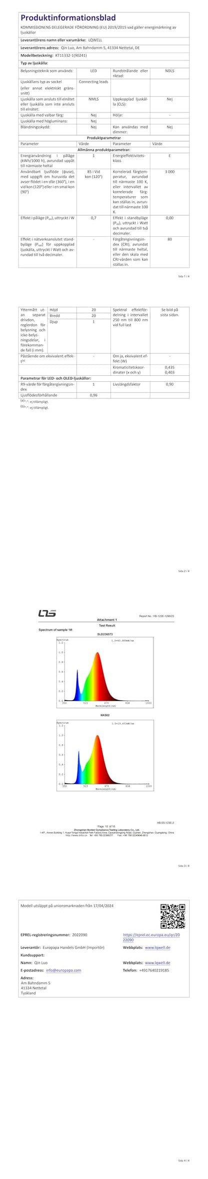 LED-Tischlampen-Datenblatt mit Spezifikationstabelle und Farbdiagramm