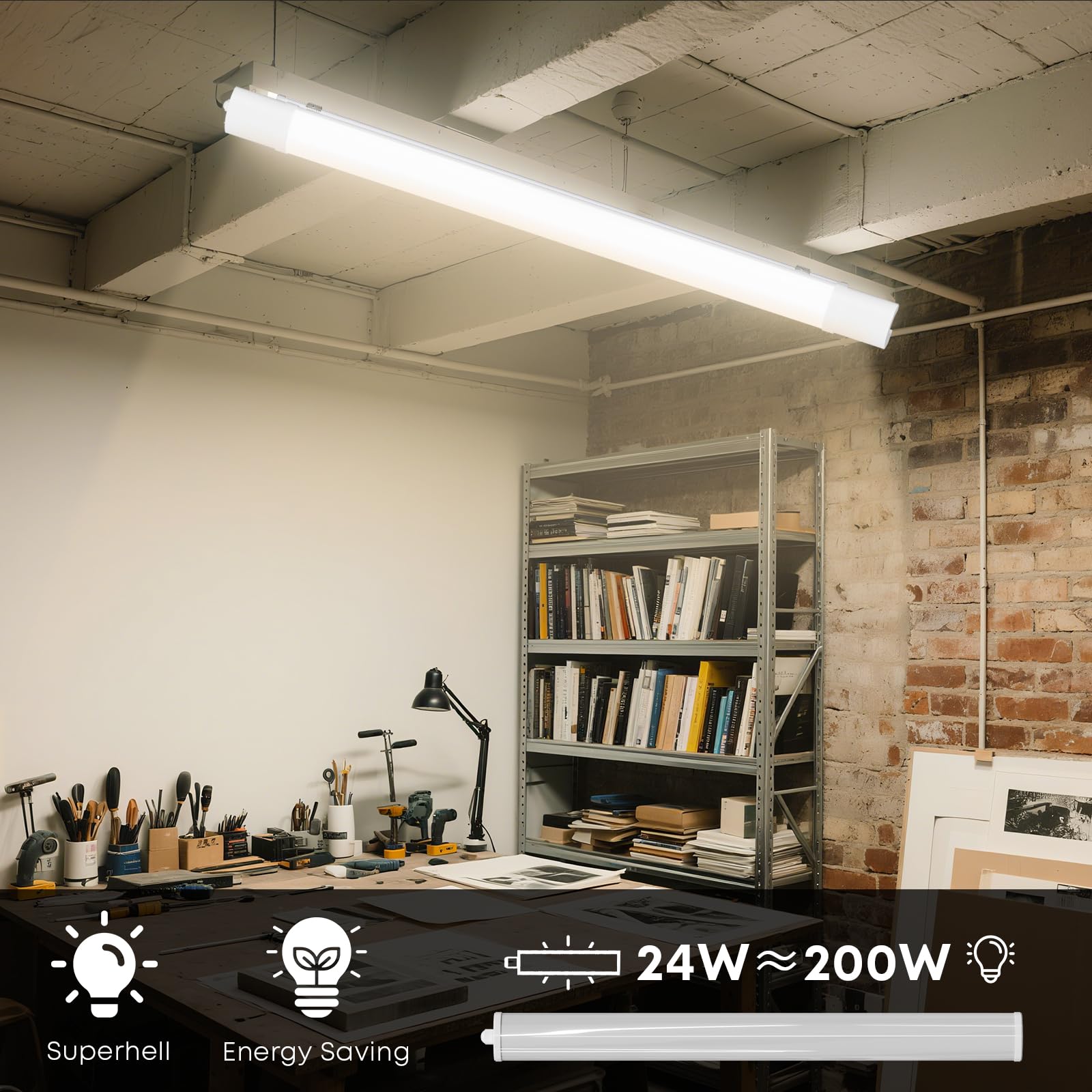 LED-Feuchtraumleuchte mit weißem Wannenprofil unter Decke, einzelne Röhre