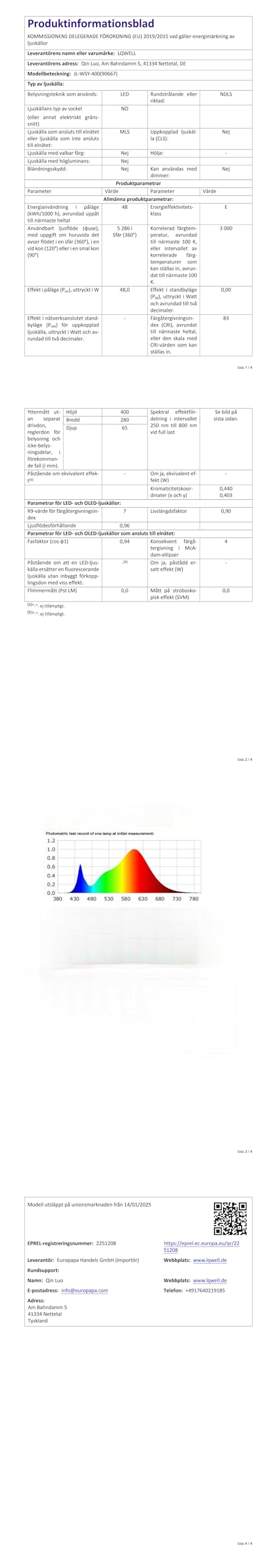 Technisches Datenblatt-Seite mit Tabellen zur LQWELL LED-Deckenleuchte
