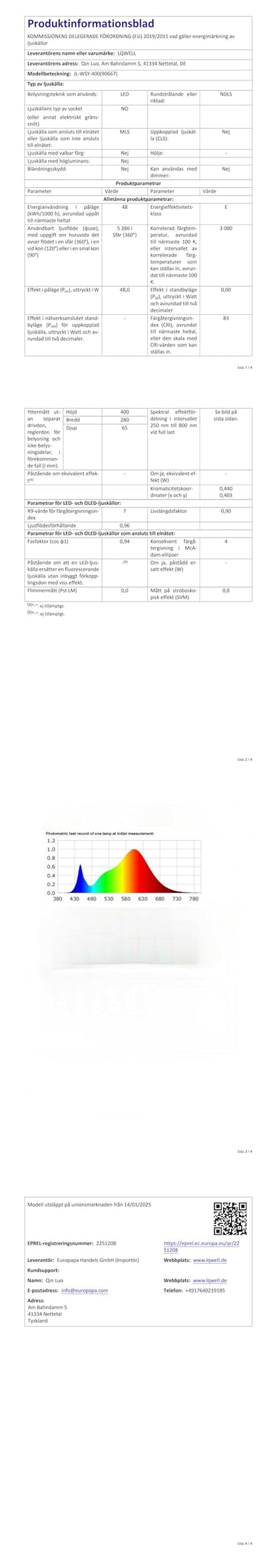 Technisches Datenblatt-Seite mit Tabellen zur LQWELL LED-Deckenleuchte