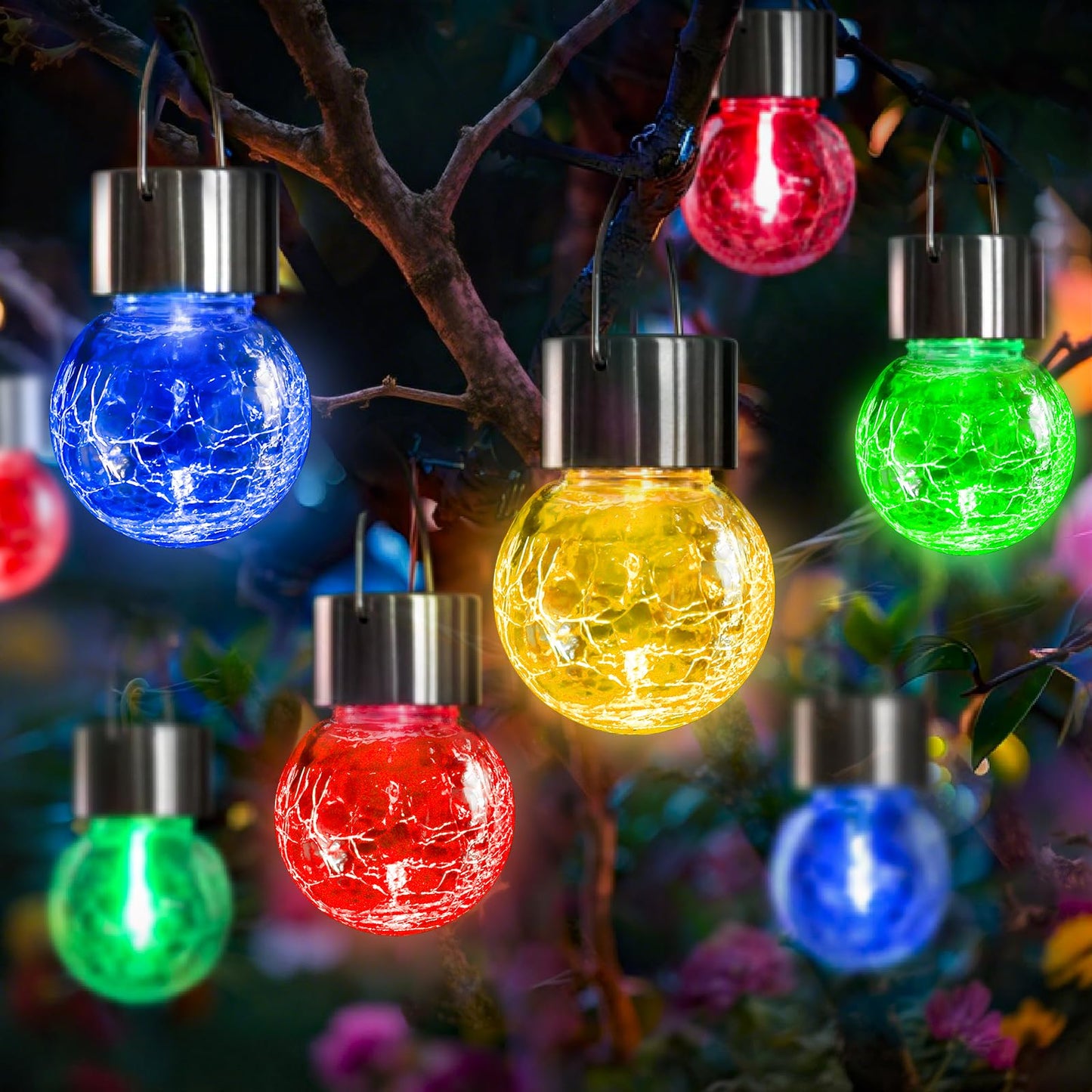 Solar-Hängeleuchten mit Crackle-Glaskugeln in Blau, Grün, Gelb und Rot, Edelstahlkappen