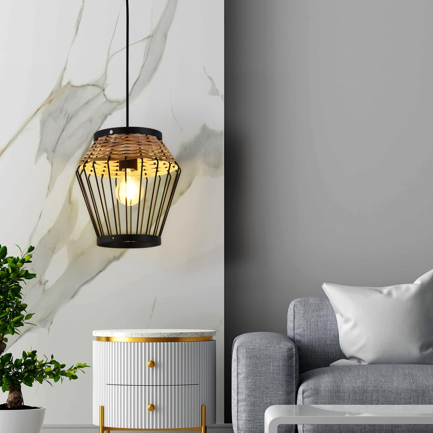 LQWELL® Hängelampe aus schwarzem Metall und Rattan mit warm leuchtender Glühbirne