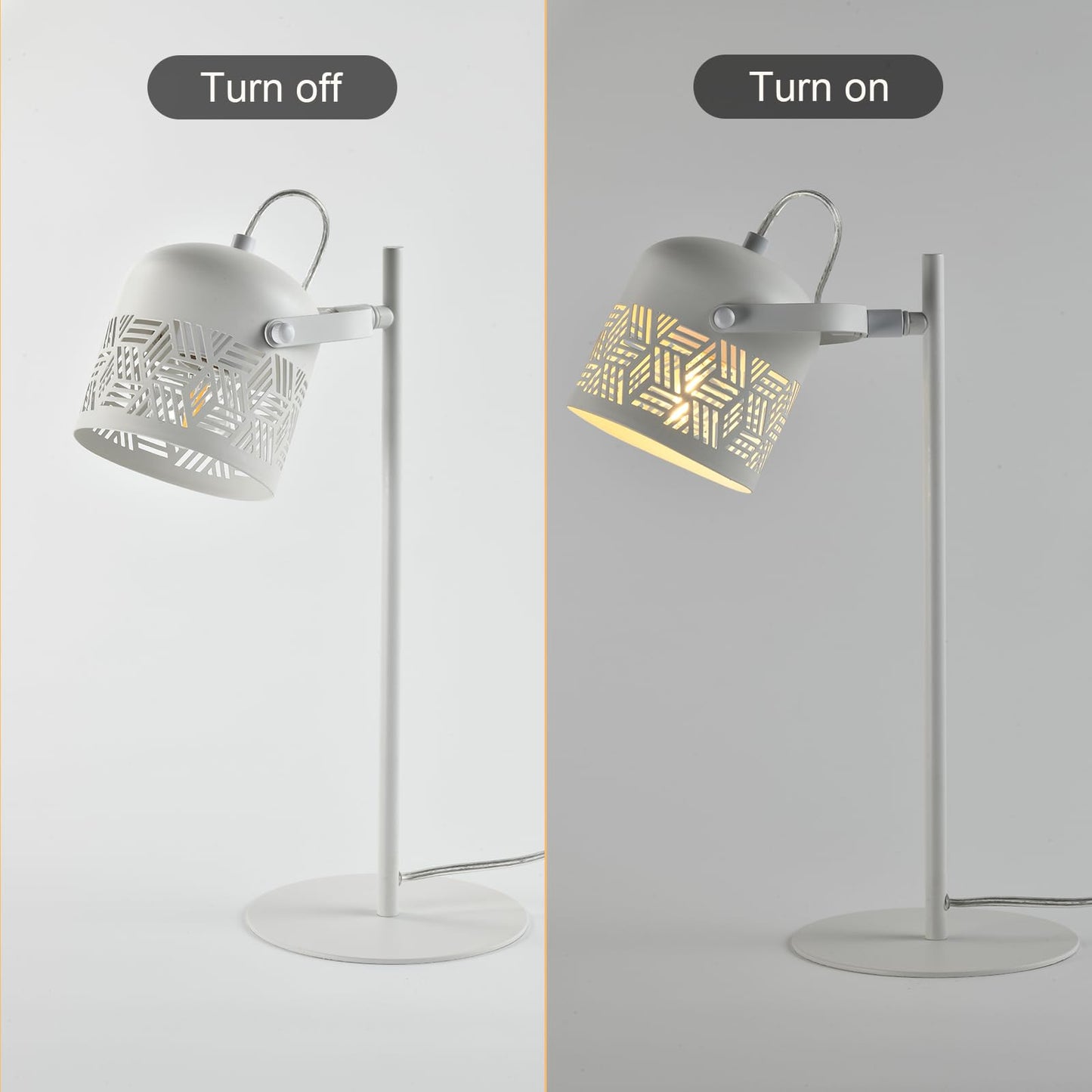 LED-Tischlampe mit weißem Lampenschirm: links aus, rechts eingeschaltet mit warmem Licht