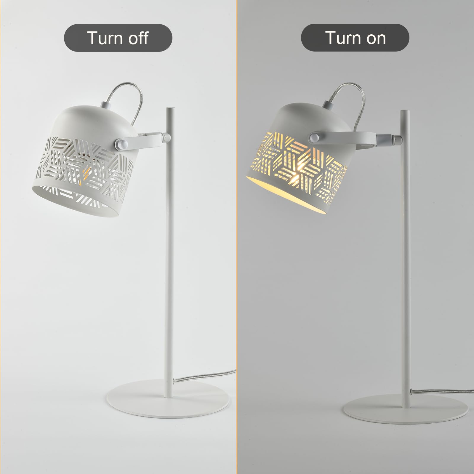 LED-Tischlampe mit weißem Lampenschirm: links aus, rechts eingeschaltet mit warmem Licht