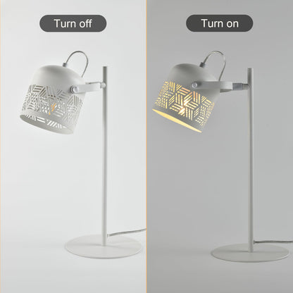 LED-Tischlampe mit weißem Lampenschirm: links aus, rechts eingeschaltet mit warmem Licht