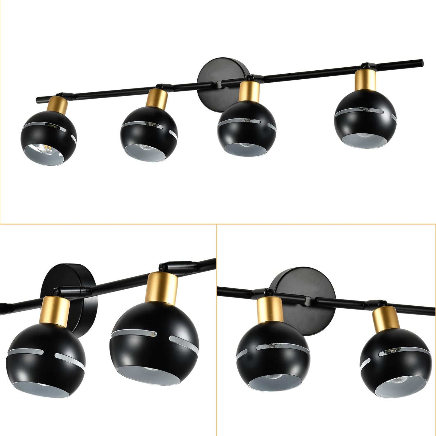 Vierflammige Deckenleuchte mit kugelförmigen Spots, schwarze Schirme und goldene Ringe