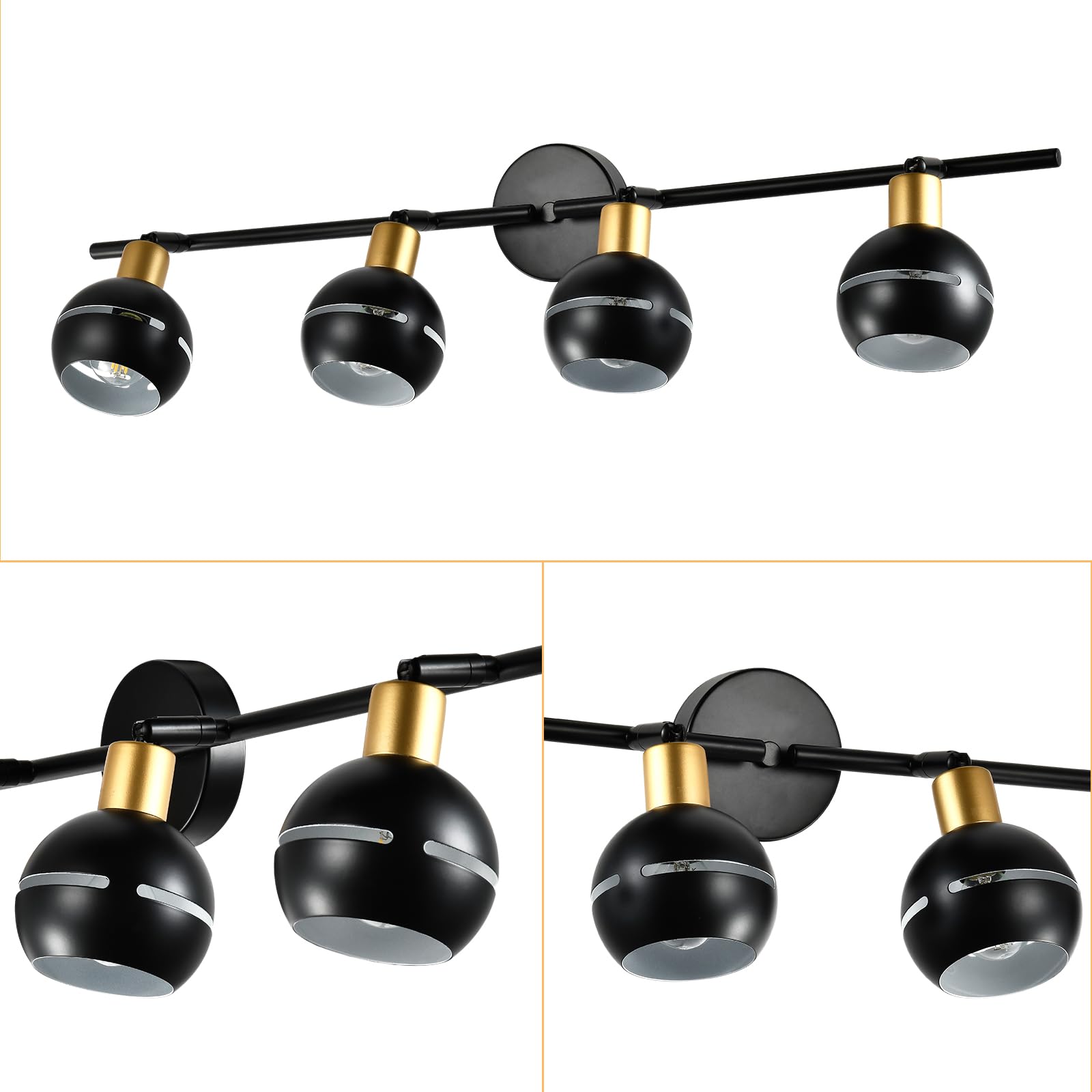 Vierflammige Deckenleuchte mit kugelförmigen Spots, schwarze Schirme und goldene Ringe