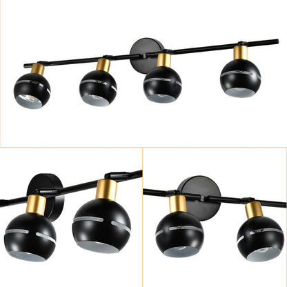 Vierflammige Deckenleuchte mit kugelförmigen Spots, schwarze Schirme und goldene Ringe