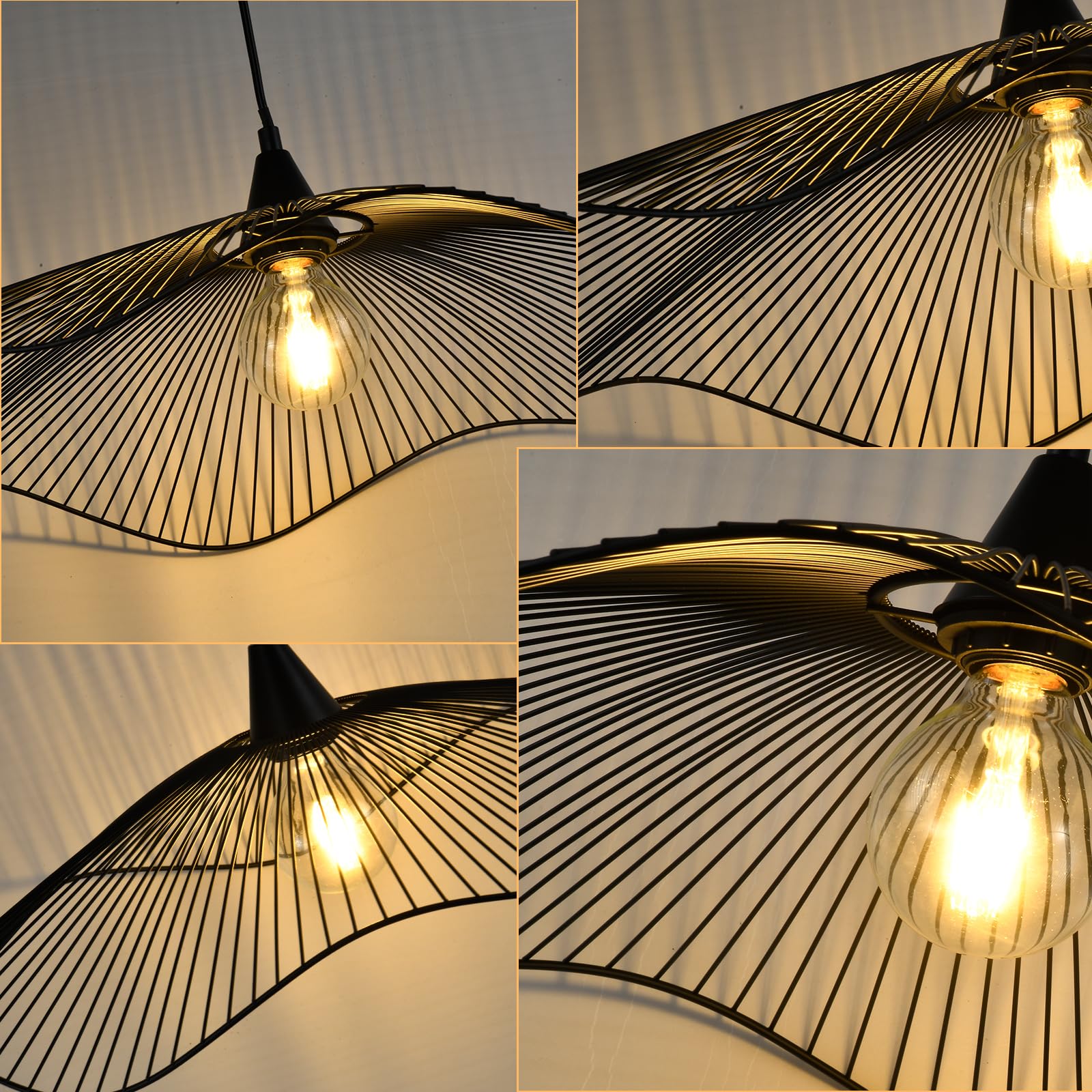 Pendellampe mit schwarzem Drahtschirm und warm leuchtender Glühbirne, Detail