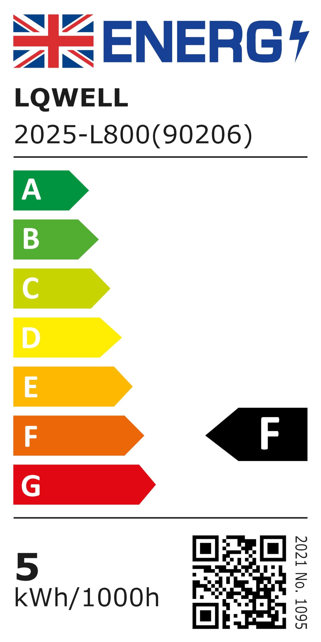 Energieetikett für LQWELL Pendelleuchte, Klasse F, 5 kWh/1000h, QR-Code