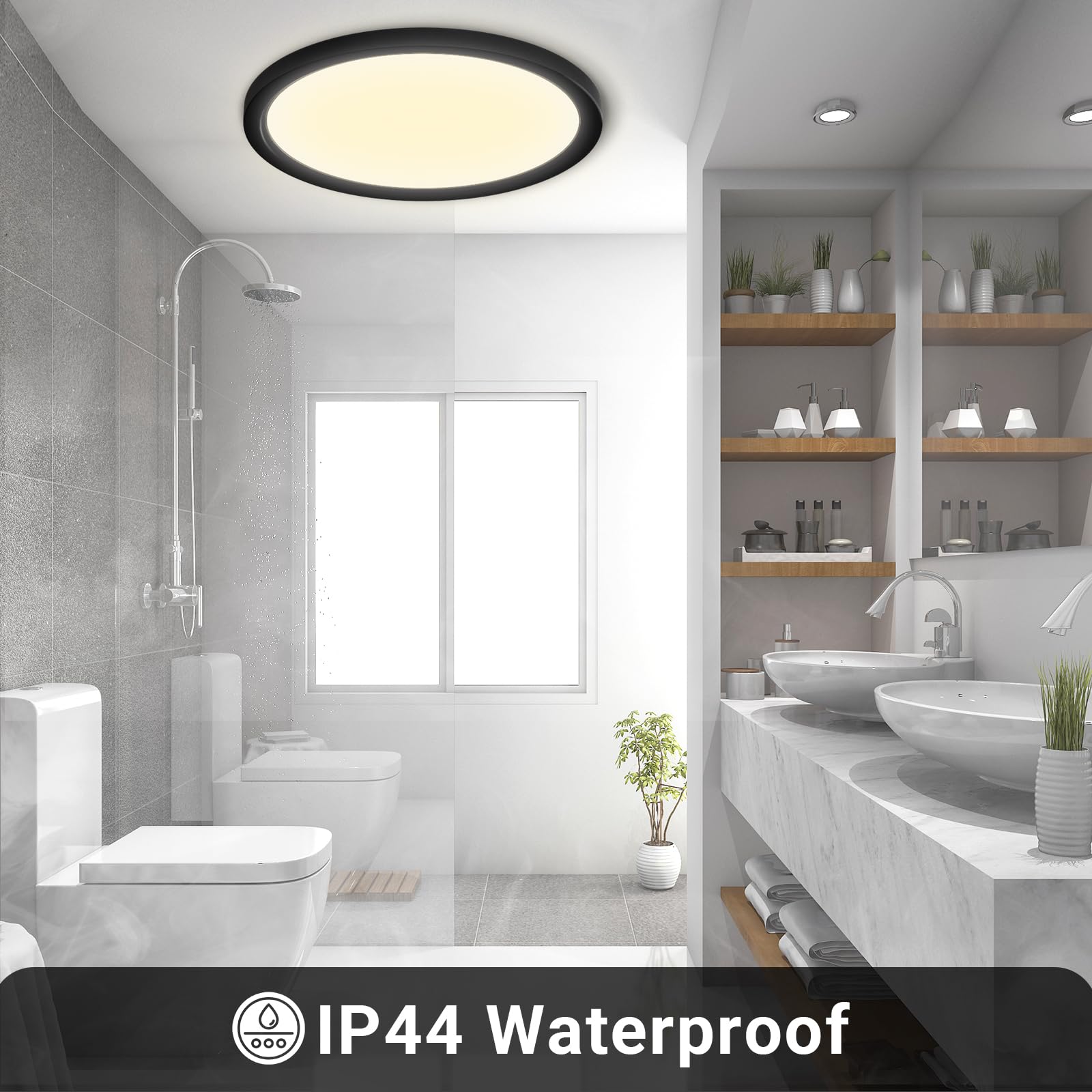 Runde LED-Deckenleuchte mit flachem schwarzem Rand, IP44 wasserfest