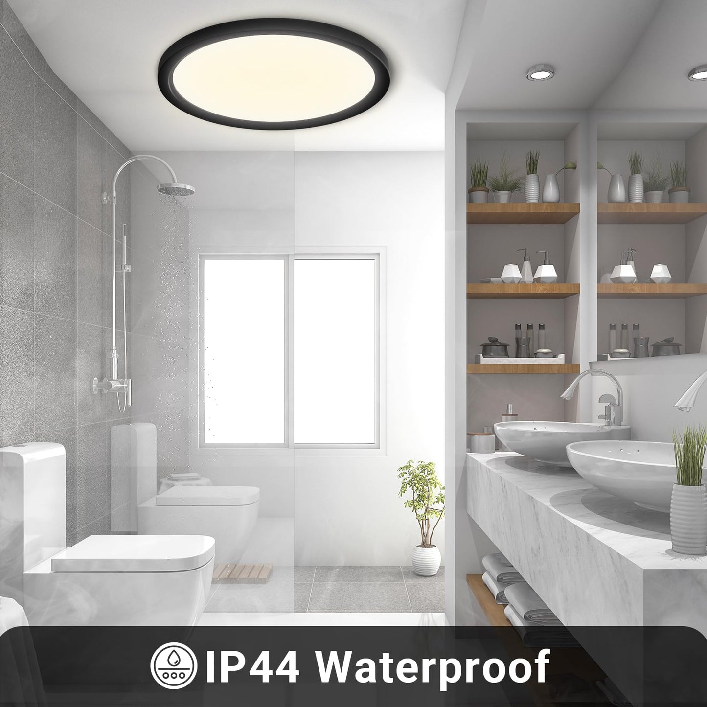 Runde LED-Deckenleuchte im Badbereich, weißes Licht; IP44-Wasserschutz-Text.