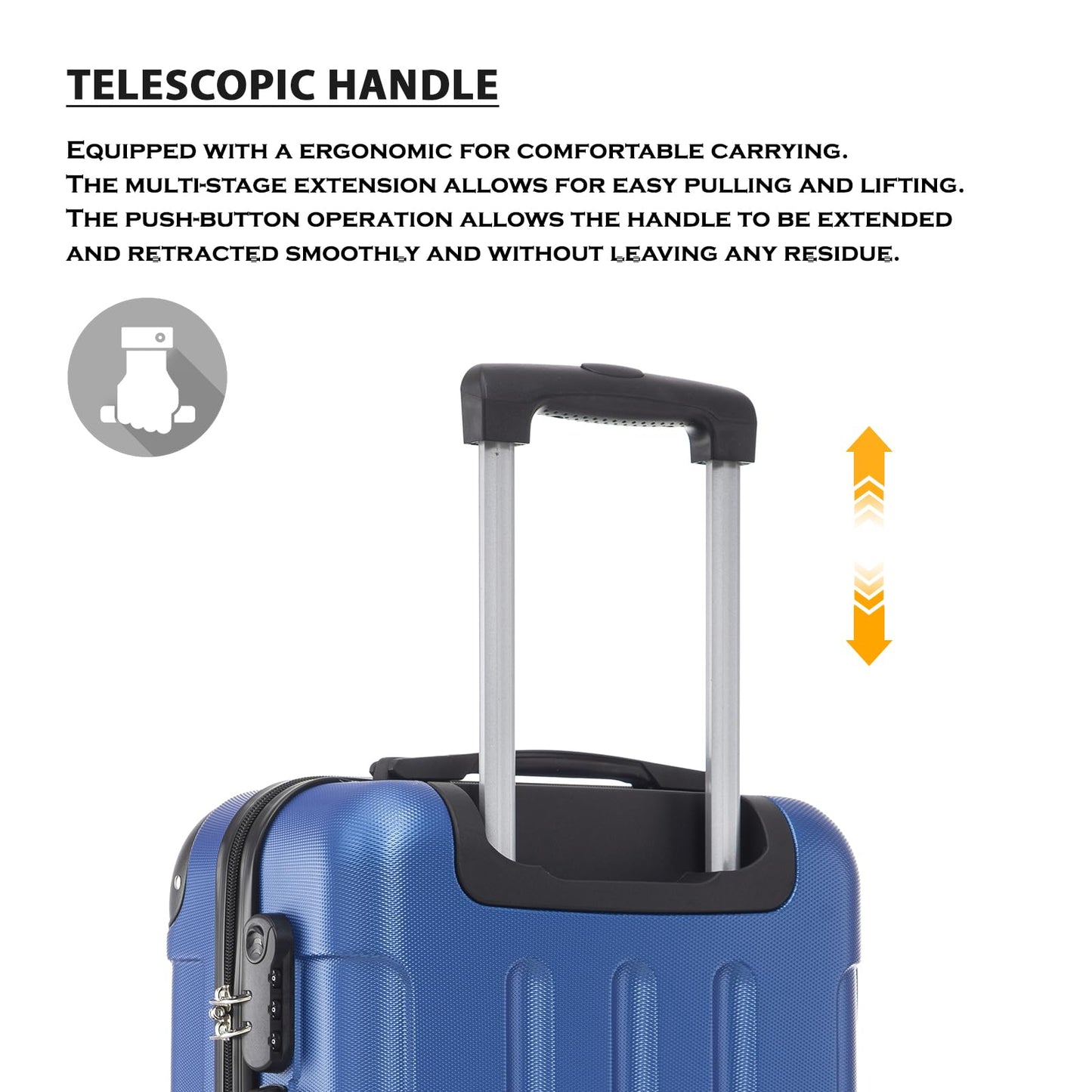 Hartschalen-Reisekoffer mit ausziehbarem Teleskopgriff und 4 Rollen, blau.